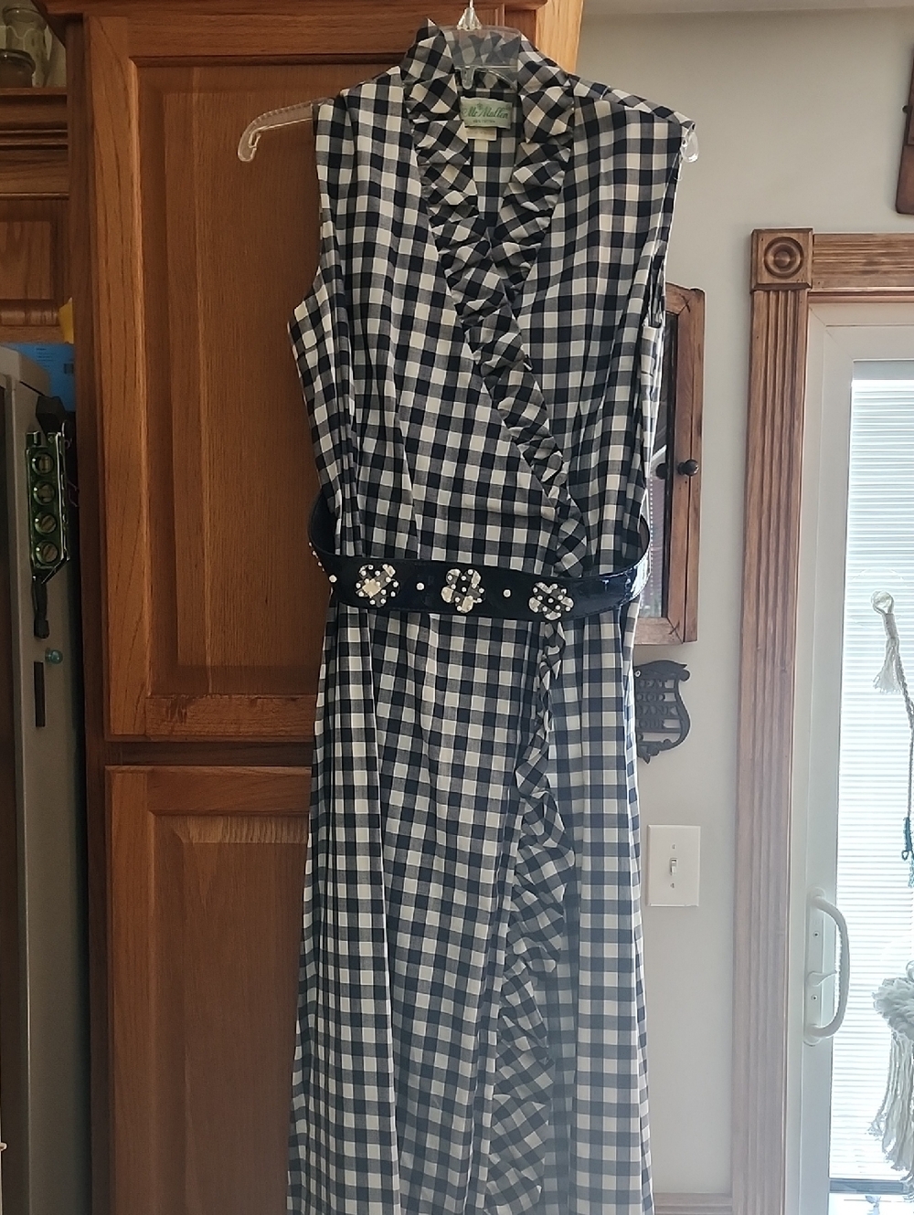 Vtg McMullen Blue and White Gingham Sleeveless Wrap Dress with Ruffle Trim